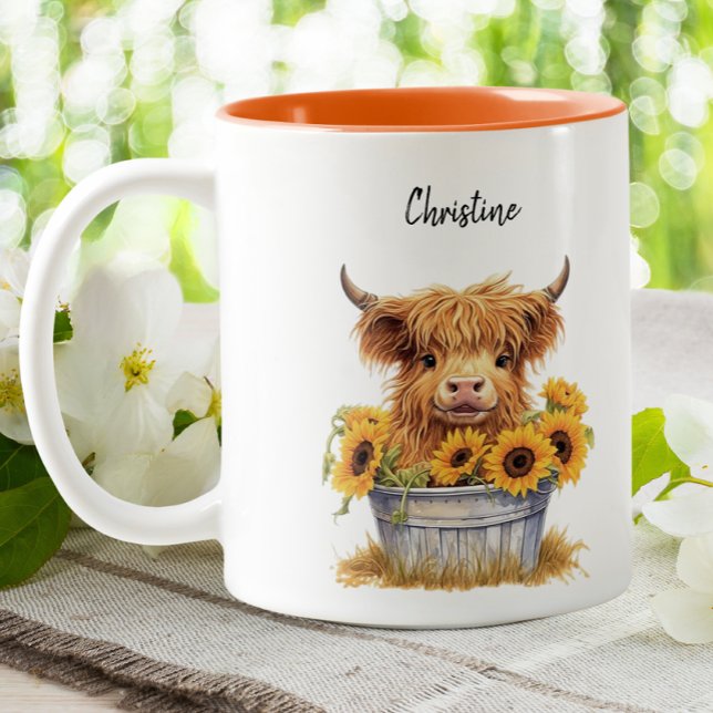 Caneca De Café Em Dois Tons Vaca Cura Cura Cura Sunflower Personalizado Floral (Criador carregado)