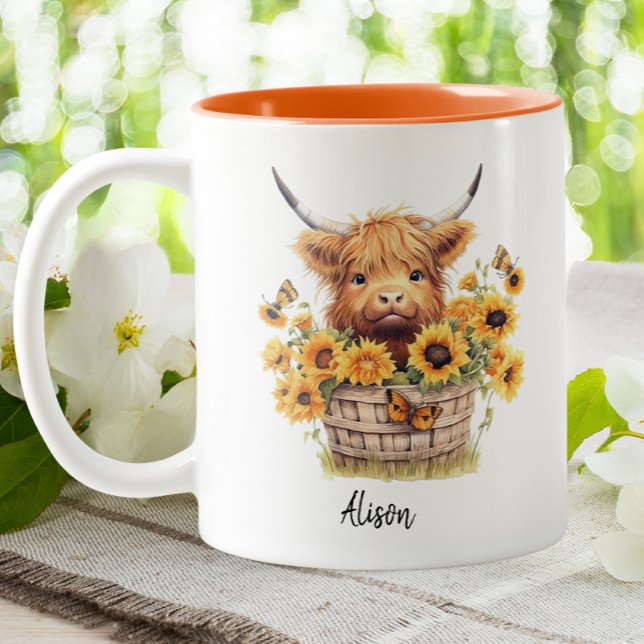 Caneca De Café Em Dois Tons Vaca Cura Cura Cura Sunflower Personalizado Floral (Criador carregado)