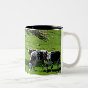 Caneca De Café Em Dois Tons Vaca entre árvores de maçã de florescência em