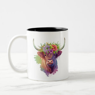 Caneca De Café Em Dois Tons Vaca Highland Aquarela com Flores Coroa