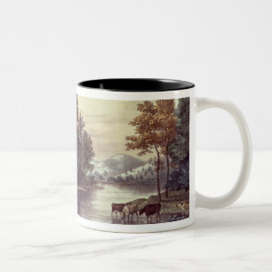 Caneca De Café Em Dois Tons Vacas na costa de um lago