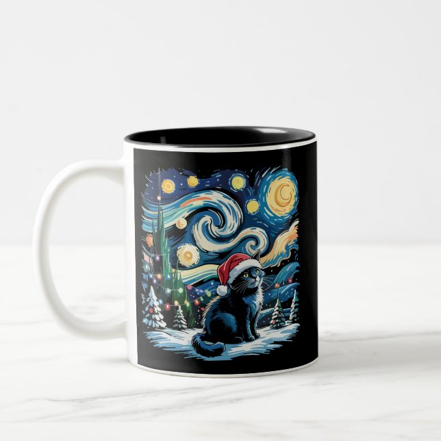 Caneca De Café Em Dois Tons Van Gogh Starry Night Festivo Natal Negro Gato (Esquerda)