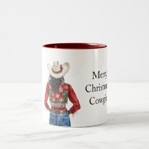 Caneca De Café Em Dois Tons Vaqueira de Natal Vermelho Verde Cabelo Preto
