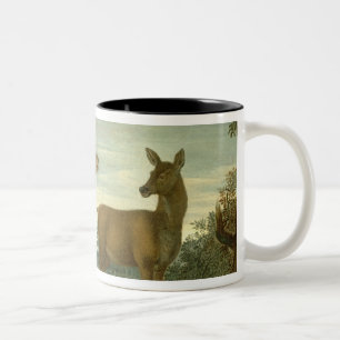 Caneca De Café Em Dois Tons Veado e traseiro em uma paisagem arborizada
