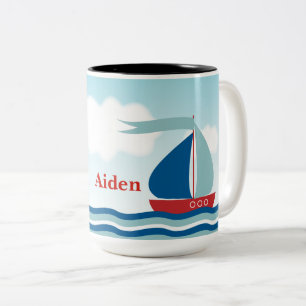 Caneca De Café Em Dois Tons Veleiro vermelho & azul nas ondas de água,
