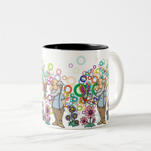 Caneca De Café Em Dois Tons Velho Whimsical: Jardim de Borboleta e Bolhas (Frente Esquerda)
