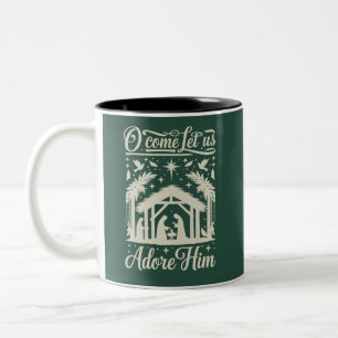 Caneca De Café Em Dois Tons Venha Adoremos a Ele Cena de Natal Cristã 
