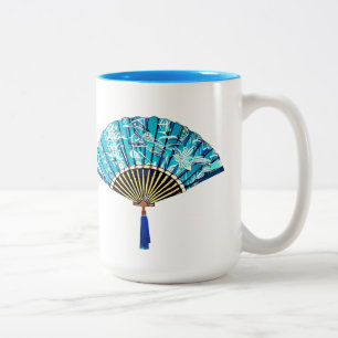 Caneca De Café Em Dois Tons Ventilador japonês azul e branco em turquesa
