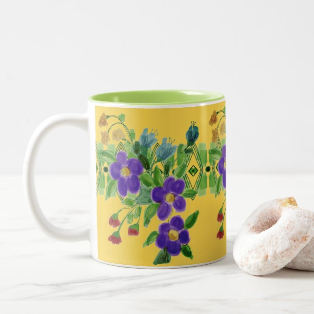 Caneca De Café Em Dois Tons Verde bonito e Amarelo Ouro (Com Donut)