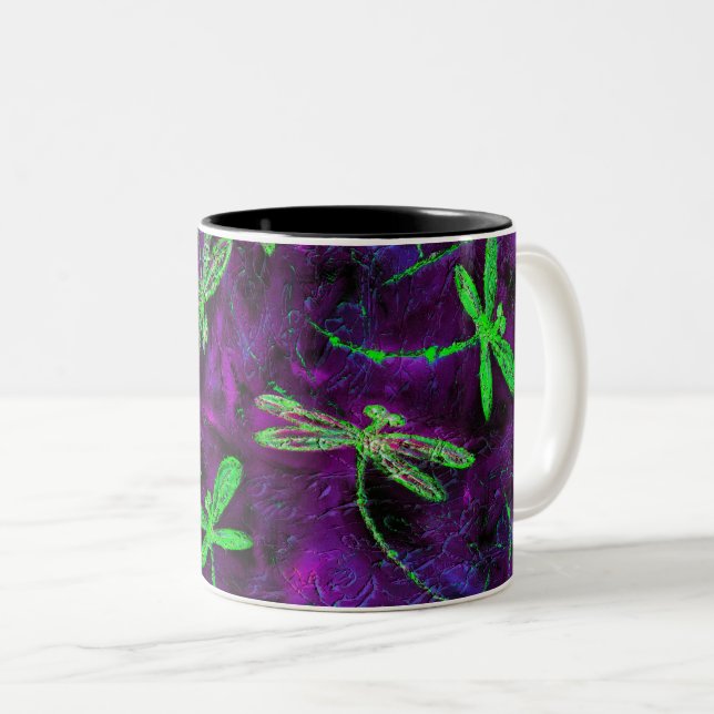 Caneca De Café Em Dois Tons Verdes limões em roxo e rosa a quente (Frente Esquerda)