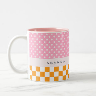 Caneca De Café Em Dois Tons Verificação de Bolinhas Laranja Cor-de-Rosa do Mon