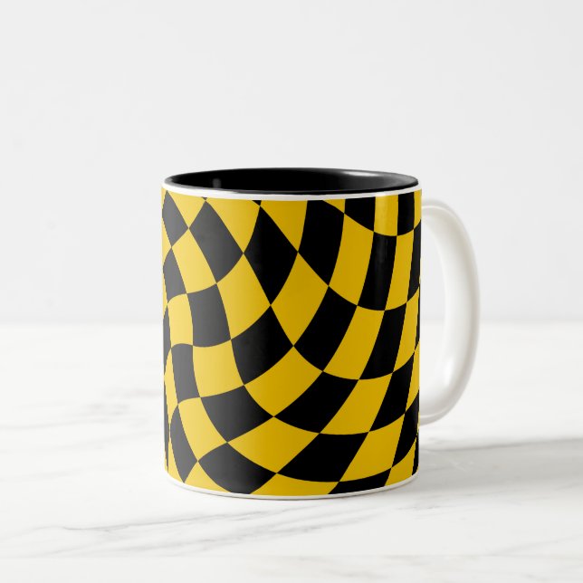 Caneca De Café Em Dois Tons Verificações Retrotorturadas em Amarelo Preto Veri (Frente Esquerda)