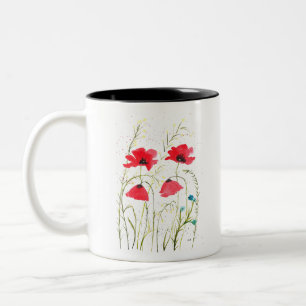 Caneca De Café Em Dois Tons Vermelho elegante Flores de salsicha simples