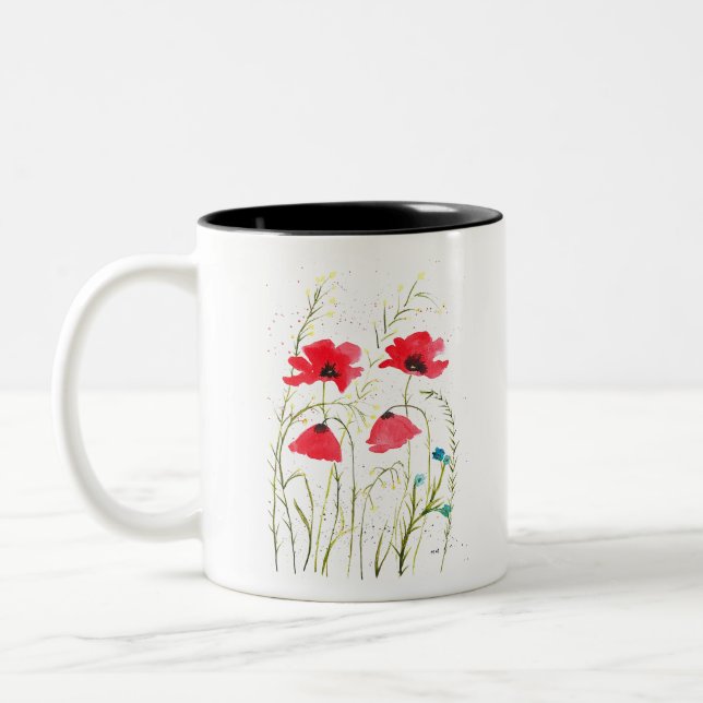 Caneca De Café Em Dois Tons Vermelho elegante Flores de salsicha simples (Esquerda)