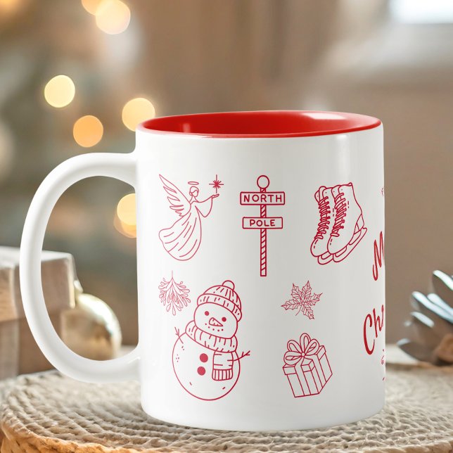 Caneca De Café Em Dois Tons Vermelho Natal Alegre Desenho à Mão  (Red Hand draw Merry Christmas Gift Mug)