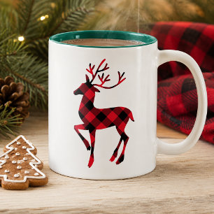 Caneca De Café Em Dois Tons Vermelho Rústico Búfalo Xadrez Rena Natal