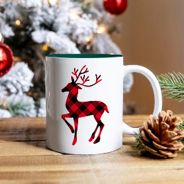 Caneca De Café Em Dois Tons Vermelho Rústico Búfalo Xadrez Rena Natal
