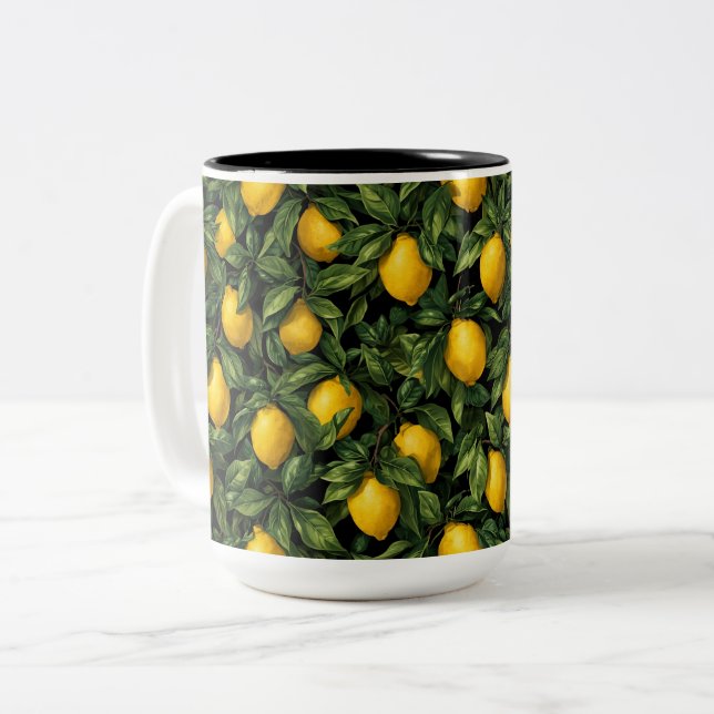Caneca De Café Em Dois Tons Vibrant Lemon Citrus Tree Pattern (Frente Esquerda)
