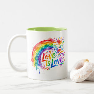 Caneca De Café Em Dois Tons Vibrante Salpico de Aquarela em Arco-íris "O Amor