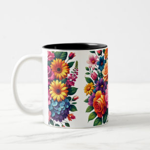 Caneca De Café Em Dois Tons Vibrantes Zinnias e Cosmos Floral Design