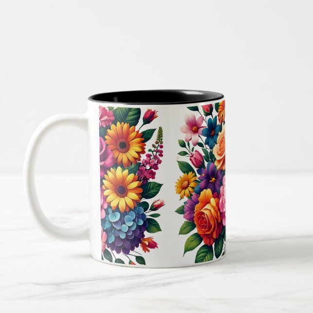 Caneca De Café Em Dois Tons Vibrantes Zinnias e Cosmos Floral Design (Esquerda)