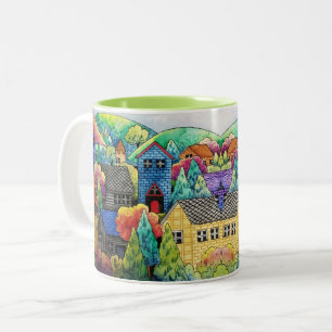 Caneca De Café Em Dois Tons Vila de montanhês da aguarela com casas coloridas