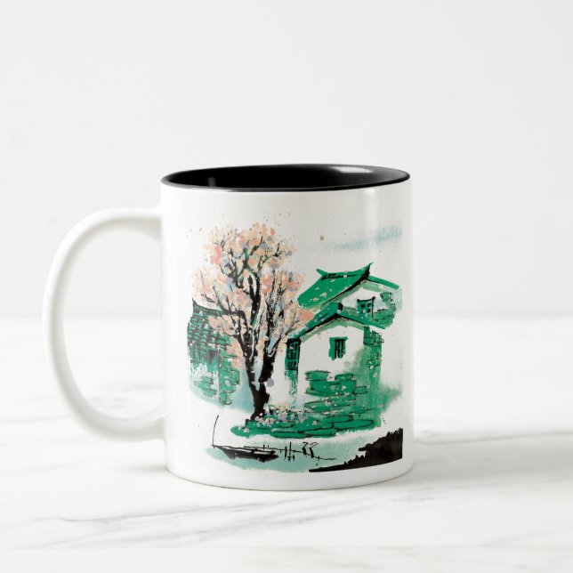 Caneca De Café Em Dois Tons Vila de Pintura da Natureza (Esquerda)