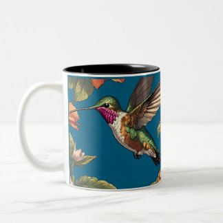 Caneca De Café Em Dois Tons Vintage beija-flor em flores de primavera