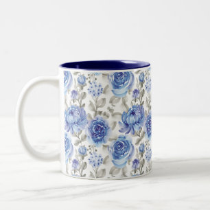Caneca De Café Em Dois Tons Vintage Blue Flower pattern watercolor