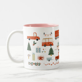 Caneca De Café Em Dois Tons Vintage Christmas Illustration Red Trucks Mug