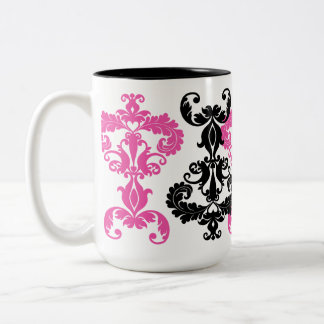 Caneca De Café Em Dois Tons Vintage damask em preto e rosa