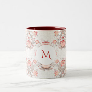 Caneca De Café Em Dois Tons Vintage Floral Patterno Damasco Monograma Mug