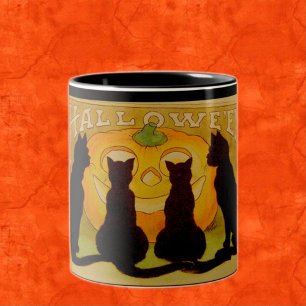Caneca De Café Em Dois Tons Vintage Halloween Cats e Jack O'Lantern