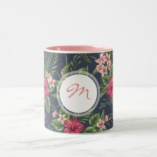 Caneca De Café Em Dois Tons Vintage Hibiscus - padrão escuro Monograma Mug