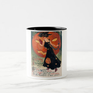 Caneca De Café Em Dois Tons Vintage Lady in Black and Jack o' Lanterna