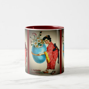 Caneca De Café Em Dois Tons Vintage - Mulher Japonesa, Vaso de Ovo com Flores,