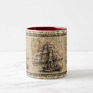 Caneca De Café Em Dois Tons Vintage Navio E Mapa