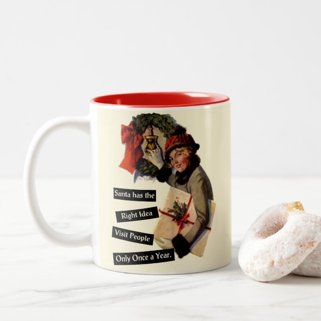 Caneca De Café Em Dois Tons Vintage Parece Engraçado Visitante De Natal (Com Donut)