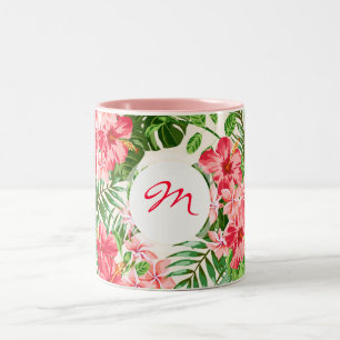 Caneca De Café Em Dois Tons Vintage Red Hibiscus padrão Monograma Mug