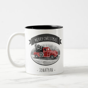 Caneca De Café Em Dois Tons Vintage Red Truck Nome de Natal Merry Retro