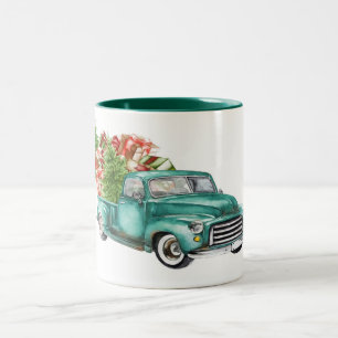 Caneca De Café Em Dois Tons Vintage Teal Truck Apresenta Árvore de Natal