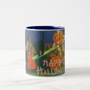 Caneca De Café Em Dois Tons Vintage Witch e Jack o' Lanterns Tocam Tempo