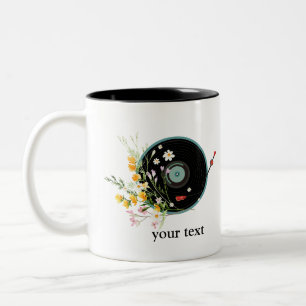 Caneca De Café Em Dois Tons Vinyl Record, floral, Oldies Rustic, música femini
