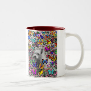 Caneca De Café Em Dois Tons Violeta nas borboletas - cão branco de Westie