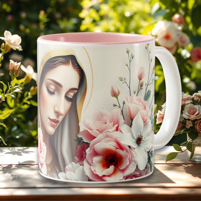 Caneca De Café Em Dois Tons Virgem Católica Mary Para Mulheres Cristãs (Catholic Virgin Mary For Christian Women Two-Tone Coffee Mug)
