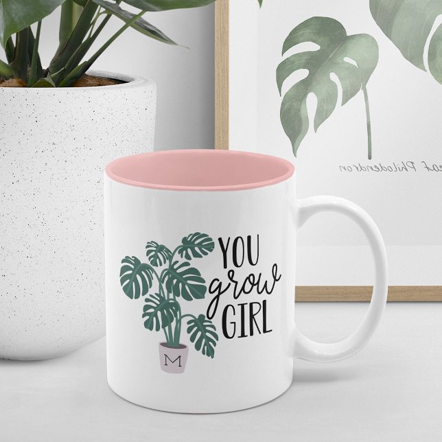 Caneca De Café Em Dois Tons Você Cresce Garota | Amantes De Plantas Com Monogr (Criador carregado)