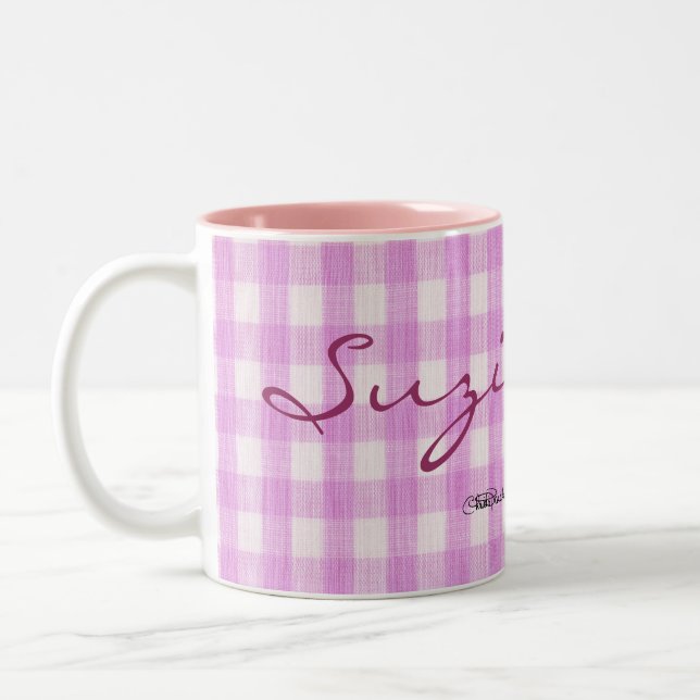 Caneca De Café Em Dois Tons Voo Dragão em Gingham Rosa (Esquerda)