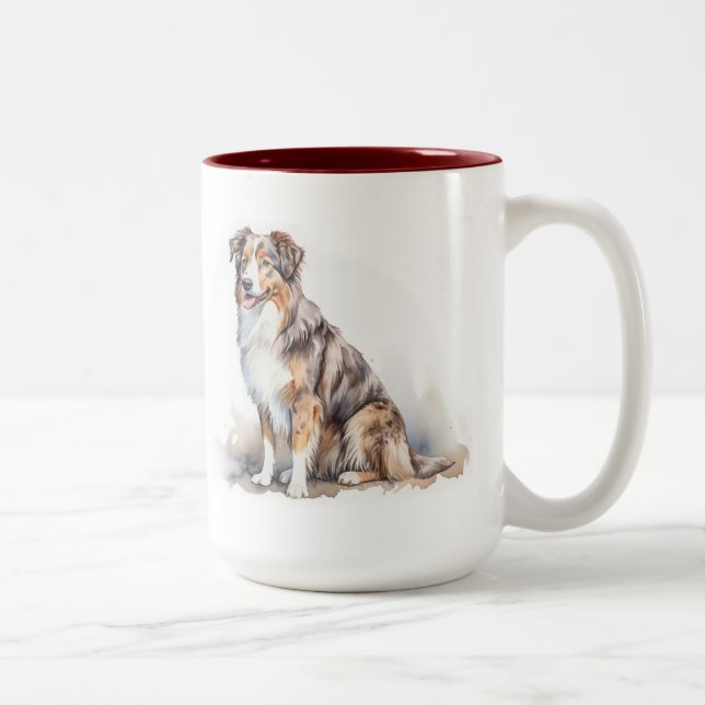 Caneca De Café Em Dois Tons Watercolor australiano Shepherd (Direita)
