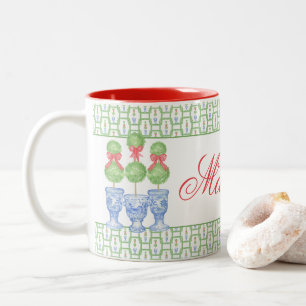 Caneca De Café Em Dois Tons Watercolor Chinoiserie Arco de Natal Topiary