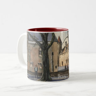 Caneca De Café Em Dois Tons Watercolor de Bruges Belgium num dia ensolarado de